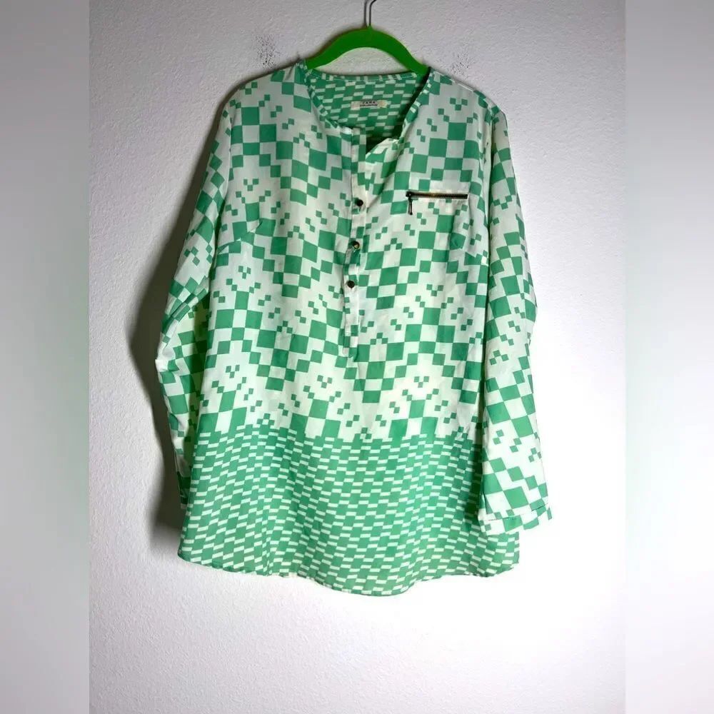 Zara Collection Checkerboard Bohemian Blouse Tunic Size M Green White